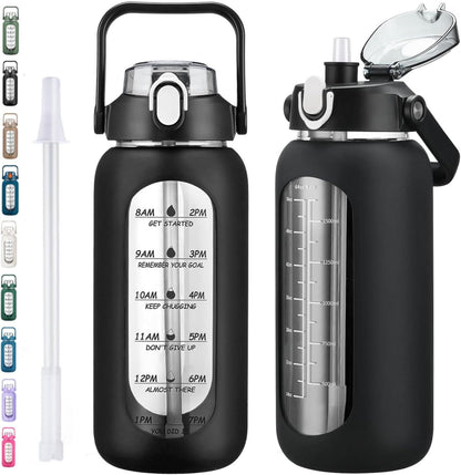 64oz Glass Water Bottles with Straw, Half Gallon Motivational Glass Bottle with Silicone Sleeve and Time Marker, 2L Leakproof Large Glass Water Jug for Gym Home Office,olive