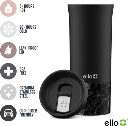 Ello Miri 16oz Vacuum Insulated Stainless Steel Travel Mug, Leak-Proof Slider Lid, Keeps Hot for 5 Hours, Perfect for Coffee or Tea, BPA-Free, Fits Most Cupholders, Holiday Gift, Speckle