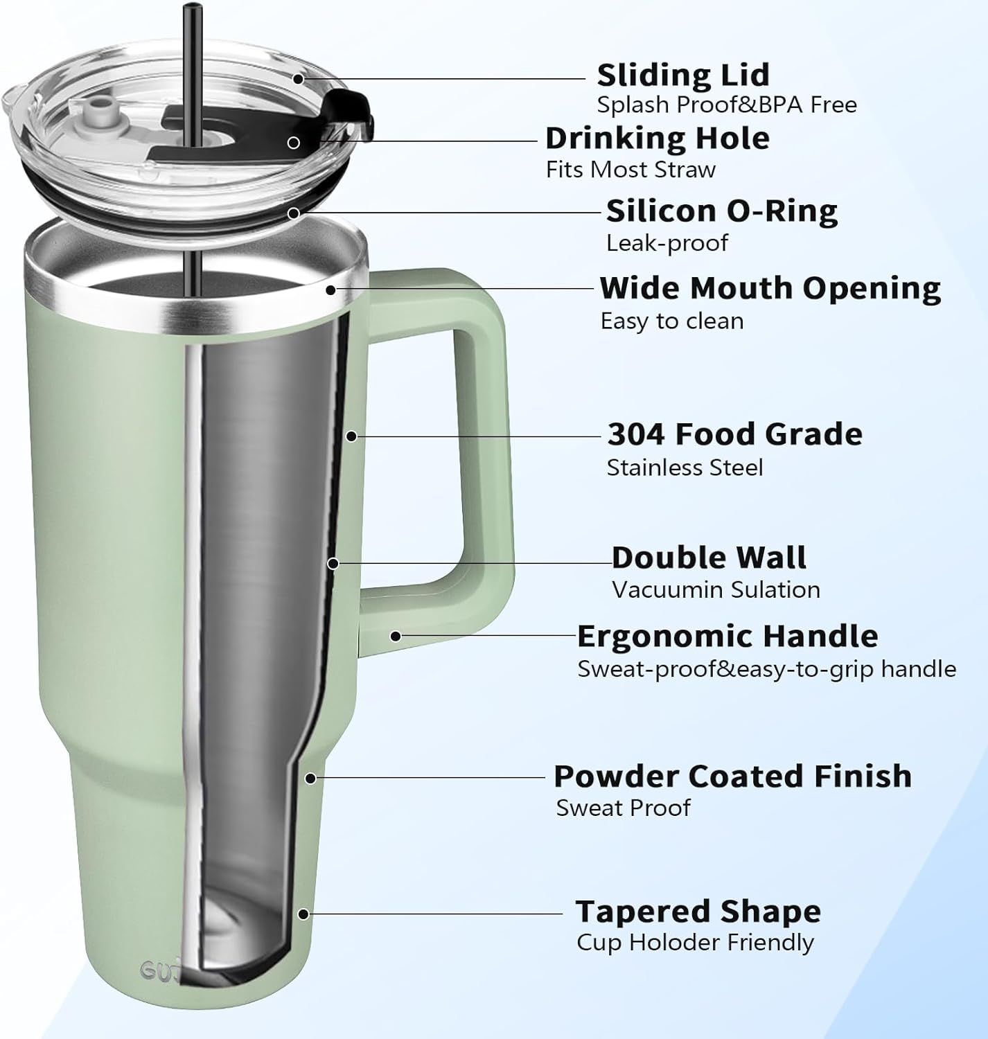 40 oz Tumbler with Handle, Insulated Tumbler with Lid and Straw, Reusable Stainless Steel Vacuum Insulated Cup, 100% Leak Proof Thermal Travel Coffee Mug Cup for Cold and Hot (Light Purple)