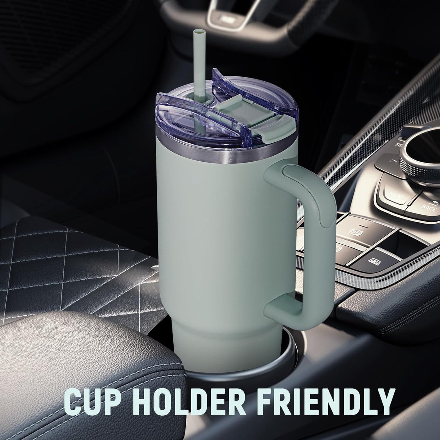 40 oz Tumbler with Handle and Straw Lid,Insulated Reusable Stainless Steel Water Bottle Travel Mug，Cupholder Friendly Double Wall Vacuum Sealed Cup (Black)