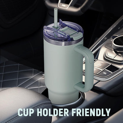 40 oz Tumbler with Handle and Straw Lid,Insulated Reusable Stainless Steel Water Bottle Travel Mug，Cupholder Friendly Double Wall Vacuum Sealed Cup (Black)