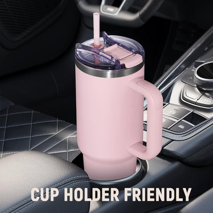 40 oz Tumbler with Handle and Straw Lid,Insulated Reusable Stainless Steel Water Bottle Travel Mug，Cupholder Friendly Double Wall Vacuum Sealed Cup (Black)