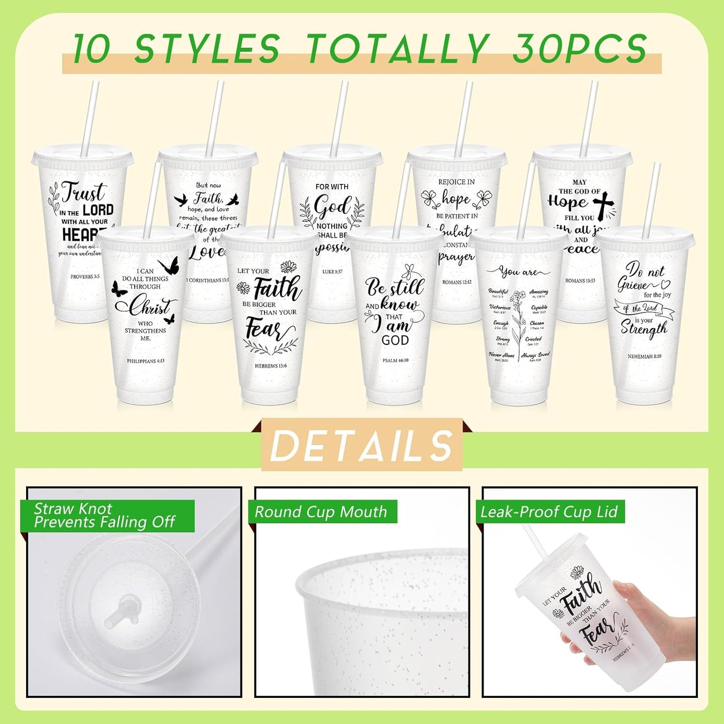 Uiifan 30 Pcs Christian Gifts Cups Bulk for Women, 24oz Bible Verse Christian Tumblers with Lids and Straw, Religious Church Gifts for Mother's Day (Fresh Color,Bible)