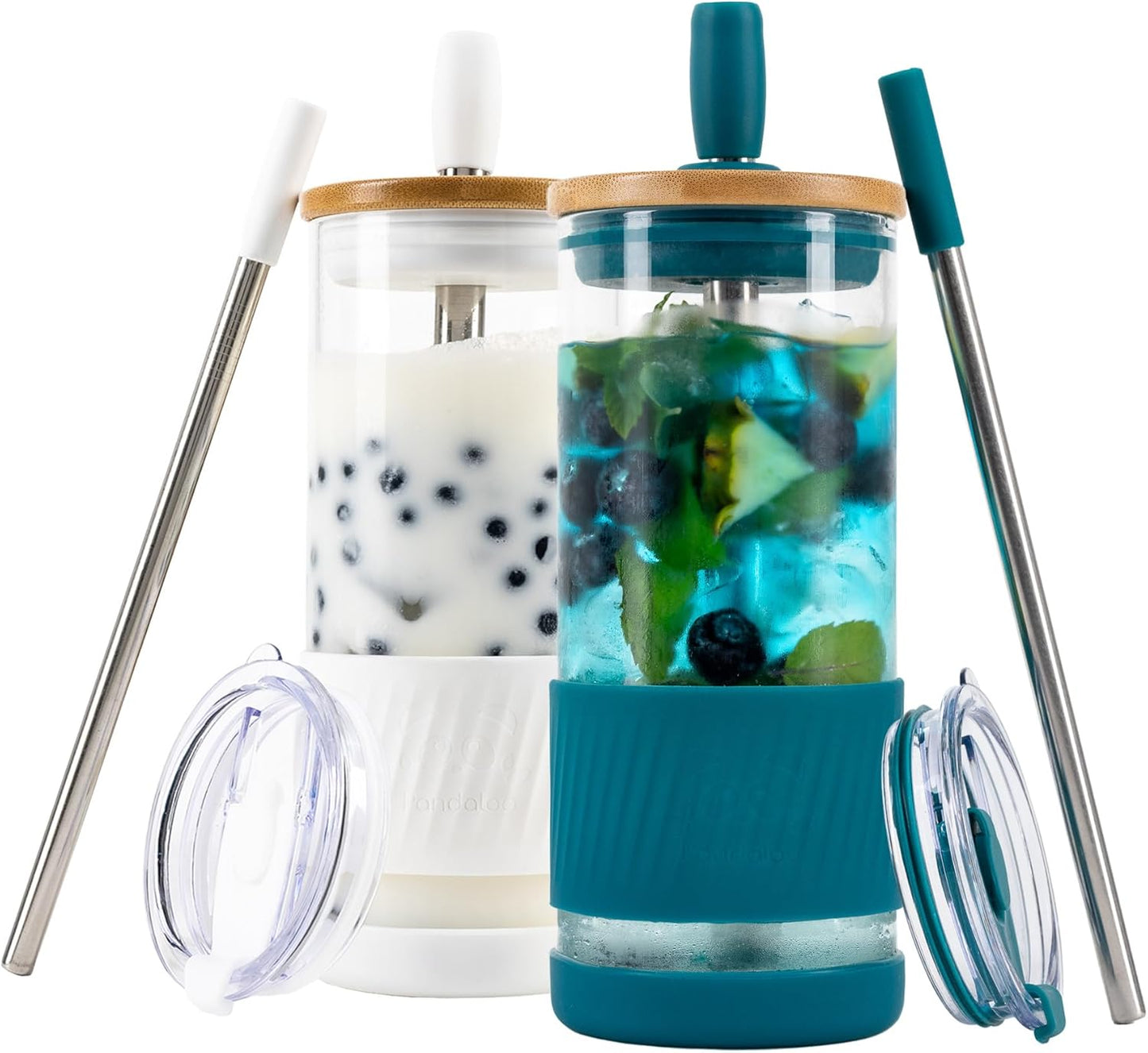 Pandaloo® Glass Cups With Lids and Straws -20 Fl Oz- Perfect Size Iced Coffee Cup - Smoothie Cup With Bamboo Lid and On the go Lid - Glass Tumbler With Straw (1 Count (Pack of 1), Lilac Rhapsody)