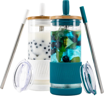 Pandaloo® Glass Cups With Lids and Straws -20 Fl Oz- Perfect Size Iced Coffee Cup - Smoothie Cup With Bamboo Lid and On the go Lid - Glass Tumbler With Straw (1 Count (Pack of 1), Lilac Rhapsody)