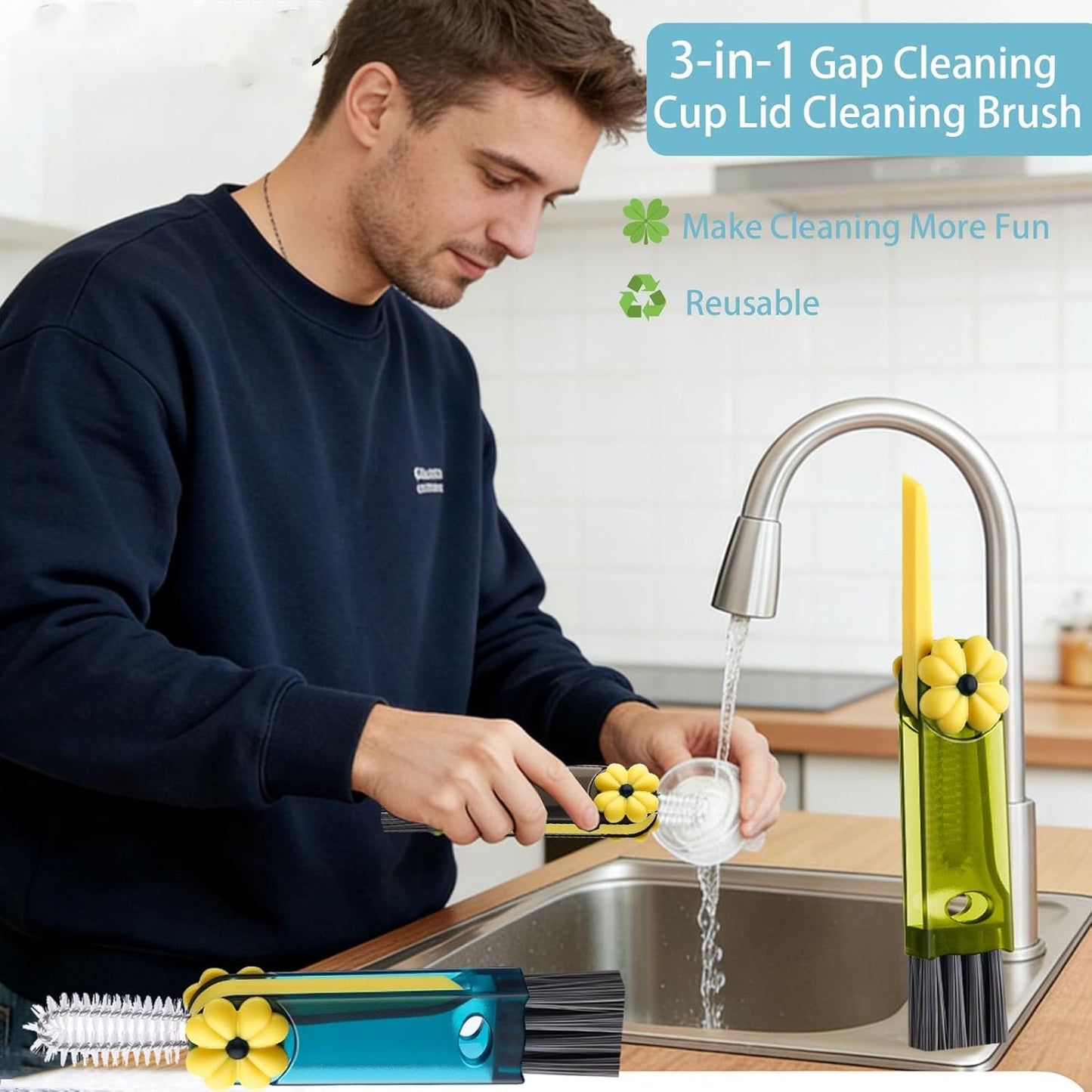 4 in 1 Cup Lid Cleaning Brush - Multifunctional Water Bottle Crevice Cleaning Brush, Portable Cup Lid Brush, Home Kitchen Crevice Brush Tools for Tiny Cup Lid Detail, Bottle Tight Spaces Cup (3 PCS)