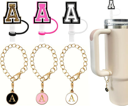 （3 +3) 3PCS Nuozme Straw Cover 10mm For Stanley Tumbler Cup Reusable Straw Cap Topper with 3 Initial Letter Charms Accessories Name ID Personalized Handle Charm For Stanley 30&40 Oz Cup Tumbler - Colors A