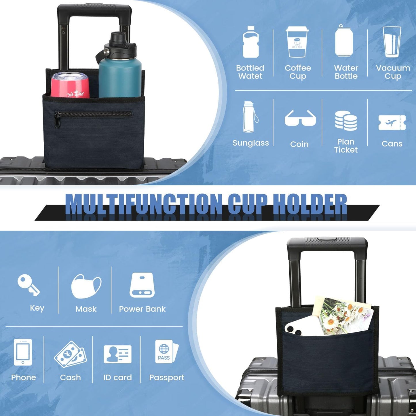 ZHCHG Luggage Travel Cup Holder Attachment for Suitcase Drink Carrier Caddy, Coffee Mug and Tumblers, Traveler Carry on Hands Free Accessory- Gifts for Flight Attendants Travelers Accessories- Black