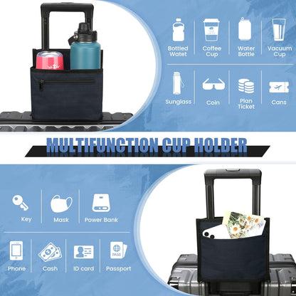 ZHCHG Luggage Travel Cup Holder Attachment for Suitcase Drink Carrier Caddy, Coffee Mug and Tumblers, Traveler Carry on Hands Free Accessory- Gifts for Flight Attendants Travelers Accessories- Black