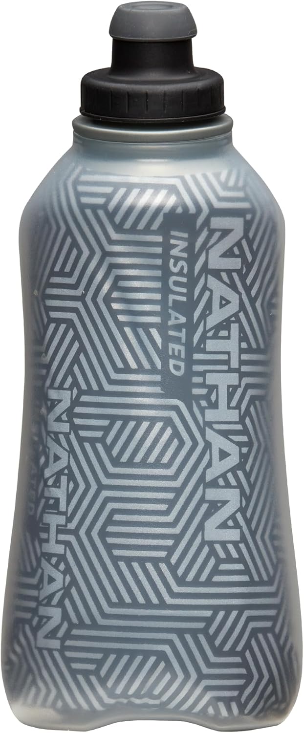 Nathan SpeedDraw 2 Insulated Handheld Running Water Bottle Flask 18oz – Double-Wall Insulation, Ergonomic Grip, Blast Valve Cap, Phone & Key Storage Pockets, Reflective Design