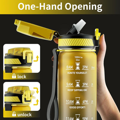 QLUR Water Bottle with Straw, 32oz Motivational Water Bottles with Time Marker to Drink, Tritan BPA Free, 1L Sports Water Bottle with Carry Strap LeakProof for Women Gym Fitness Outdoor (1 Pack)