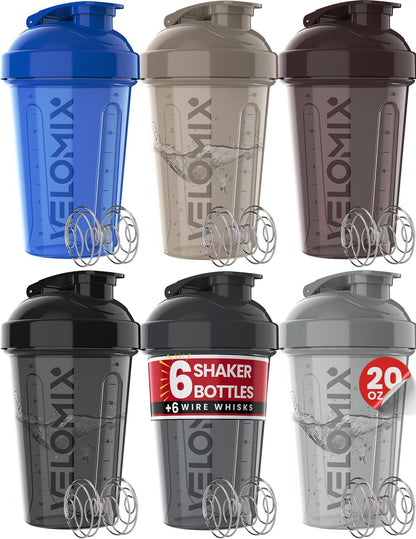 VELOMIX -6 PACK- 20 oz Protein Shaker Bottle for Protein Mixes - 6x Wire Whisk | Leak Proof Shaker Cups for Protein Shakes| Stackable Protein Shaker Bottle Pack | Dishwasher Safe (ALL IN BLACK)