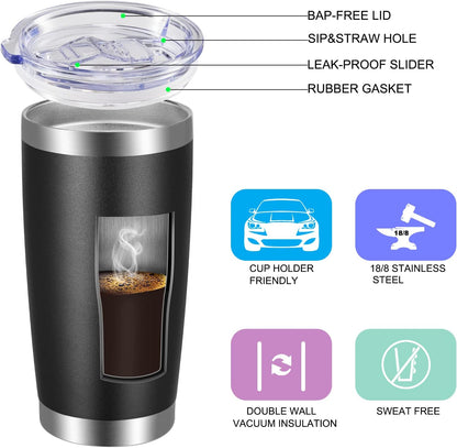 VEGOND 20oz Tumbler with Lid and Straw Stainless Steel Tumbler Cup Bulk Vacuum Insulated Double Wall Travel Coffee Mug Powder Coated Coffee Cup, Black, 12 Pack