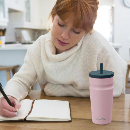 COKTIK 24oz Insulated Tumbler with Lid and Straw Iced Coffee Cup Reusable Stainless Steel Travel Mug Water Bottle Cupholder Friendly for Women Men Her Him (Blush)