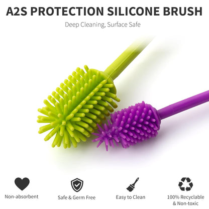 A-Brush Silicone Bottle Cleaner Brush, 2 Piece Set, Flexible, Long Handle - Water Bottle Cleaner, Baby Bottle Nipple Brush for Plastic & Glass, BPA-Free Dish Washing Brush A2S Protection