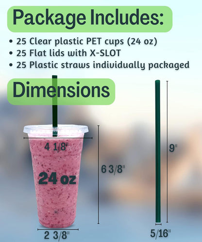 Cappatua 20 oz Clear Plastic Cups with Lids and STRAWS, Disposable Drinking Cups for Cold Drinks, Iced Coffee, Milkshakes, Smoothies, 25 Sets