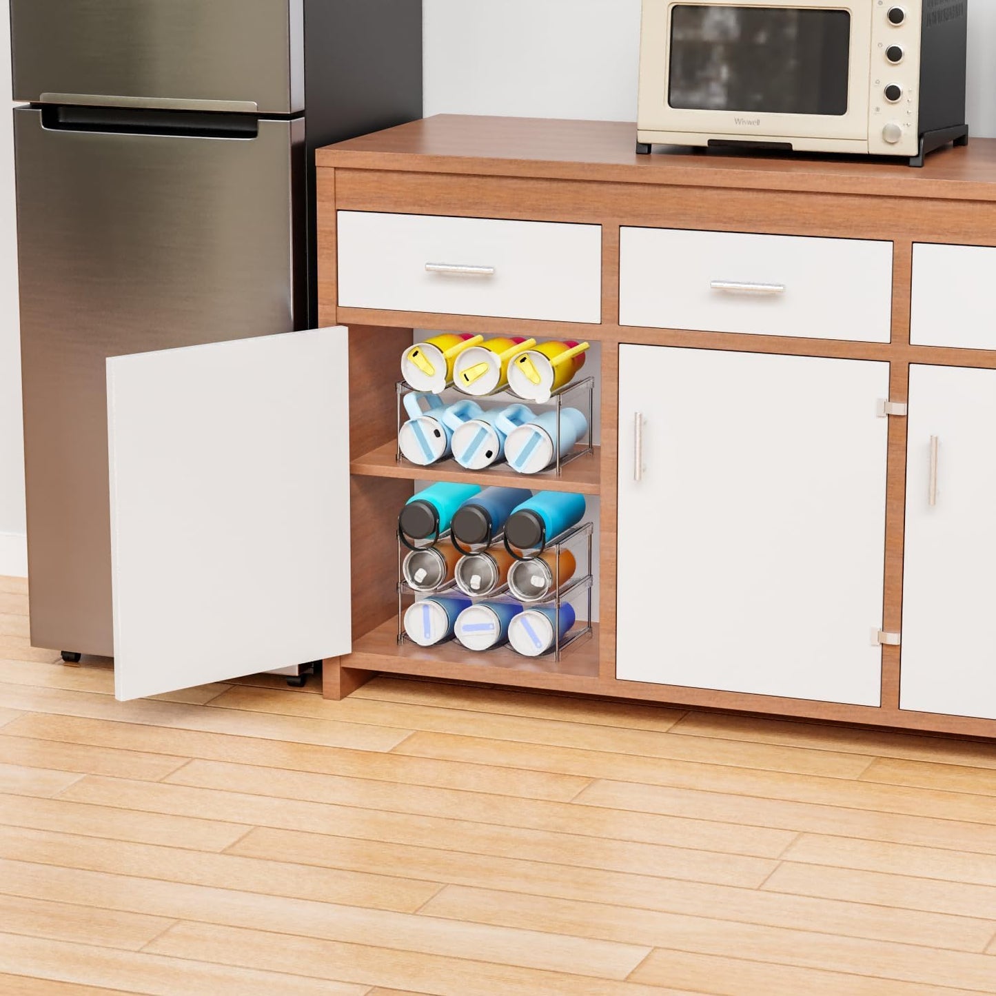 Yieach Larger Compartments Stackable Water Bottle Organizer for 40 oz Stanley Cup Holder,Yeti and Other Tumbler Organizer,3 Tier Wine Rack and Waterbottle Storage Rack for Kitchen Cabinets,Countertop