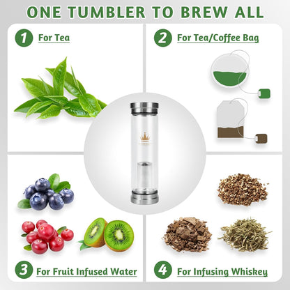 Tea Infuser Bottle for Loose Leaf Teas, 400 ml / 13.5 fl oz Double Wall Glass Tea Bottle with Infuser, Insulated Tea Tumbler with Infuser, Leak Proof Water Bottle with Protective Travel Sleeve