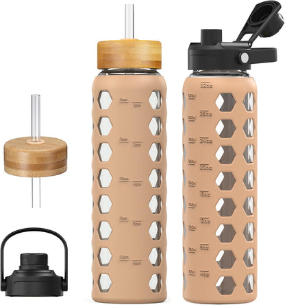 MUKOKO Glass Water Bottles, 32oz Glass Tumbler with Straw, Drinking Bottles with 2 Lids-Handle Spout Lid&Bamboo Straw Lid, Motivational Water Bottle with Time Marker and Silicone Sleeve, 1 Pack-Olive
