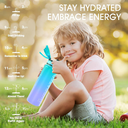 Sahara Sailor Water Bottle 32oz, Durable and Leakproof Water Bottles Motivational with Time Marker, Tritan, BPA Free, Wide Mouth with Easy Clean Brush for Gym, Travel, Home, School, Office (1 Bottle)