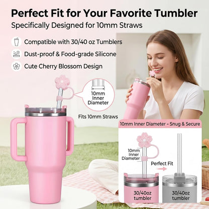 BTYHAOS Silicone Straw Caps for 10mm Tumblers | Reusable Dust-Proof Straw Toppers Compatible with Stanley 30oz & 40oz Tumblers (Purple Flower 3pc)