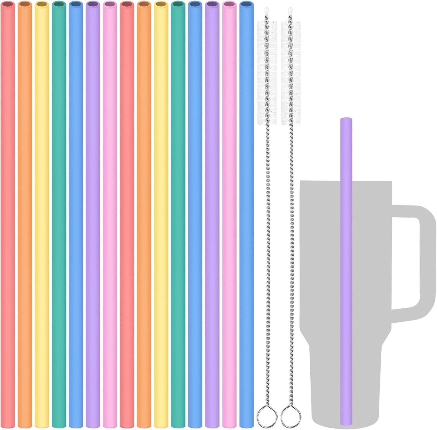 Tomorotec 15PCS Reusable Silicone Drinking Straws w/ 2 Brushes, Fit for Stanley Tumbler 40oz 30oz 20oz, 12" Long Customizable for Various Drinkware, Dishwasher Safe, BPA-Free, Safe for Teeth (Macaron)