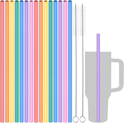 Tomorotec 15PCS Reusable Silicone Drinking Straws w/ 2 Brushes, Fit for Stanley Tumbler 40oz 30oz 20oz, 12" Long Customizable for Various Drinkware, Dishwasher Safe, BPA-Free, Safe for Teeth (Macaron)