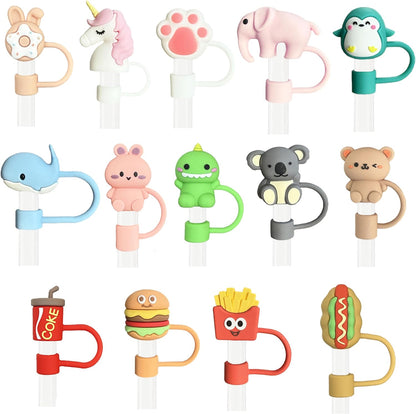 14Pcs Tumbler Straw Covers with Storage Case,10mm 0.4 in Cute Animals Reusable Straw Toppers for 30&40 oz Stanley Cup Accessories,Food Silicone Straws Cover(14 Pcs)