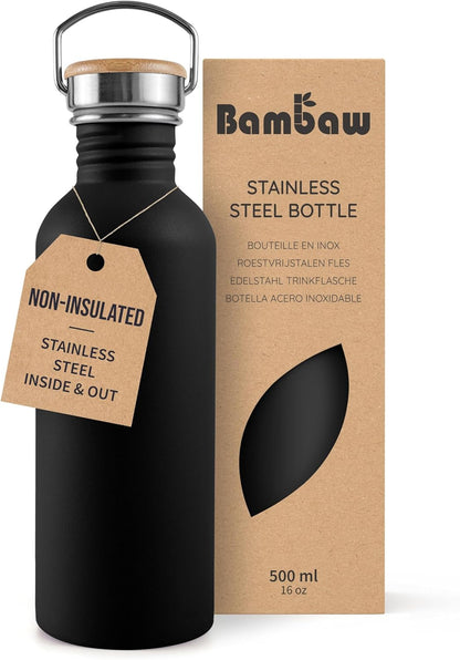 Bambaw Stainless Steel Water Bottles 32 oz, Non-insulated Single Wall Metal Water Bottle Stainless Steel, Reusable & Eco Friendly, Dishwasher Safe – Silver | Non-insulated