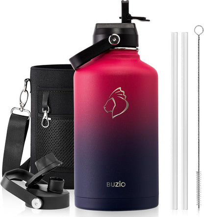 BUZIO 40oz Insulated Water Bottle, Triple Wall Vacuum Stainless Steel Water Flask with 2 lids, Lead-Free BPA-Free Straw Lid Sports Canteen Jug, Cold 48H & Hot 24H- Black - Colors B