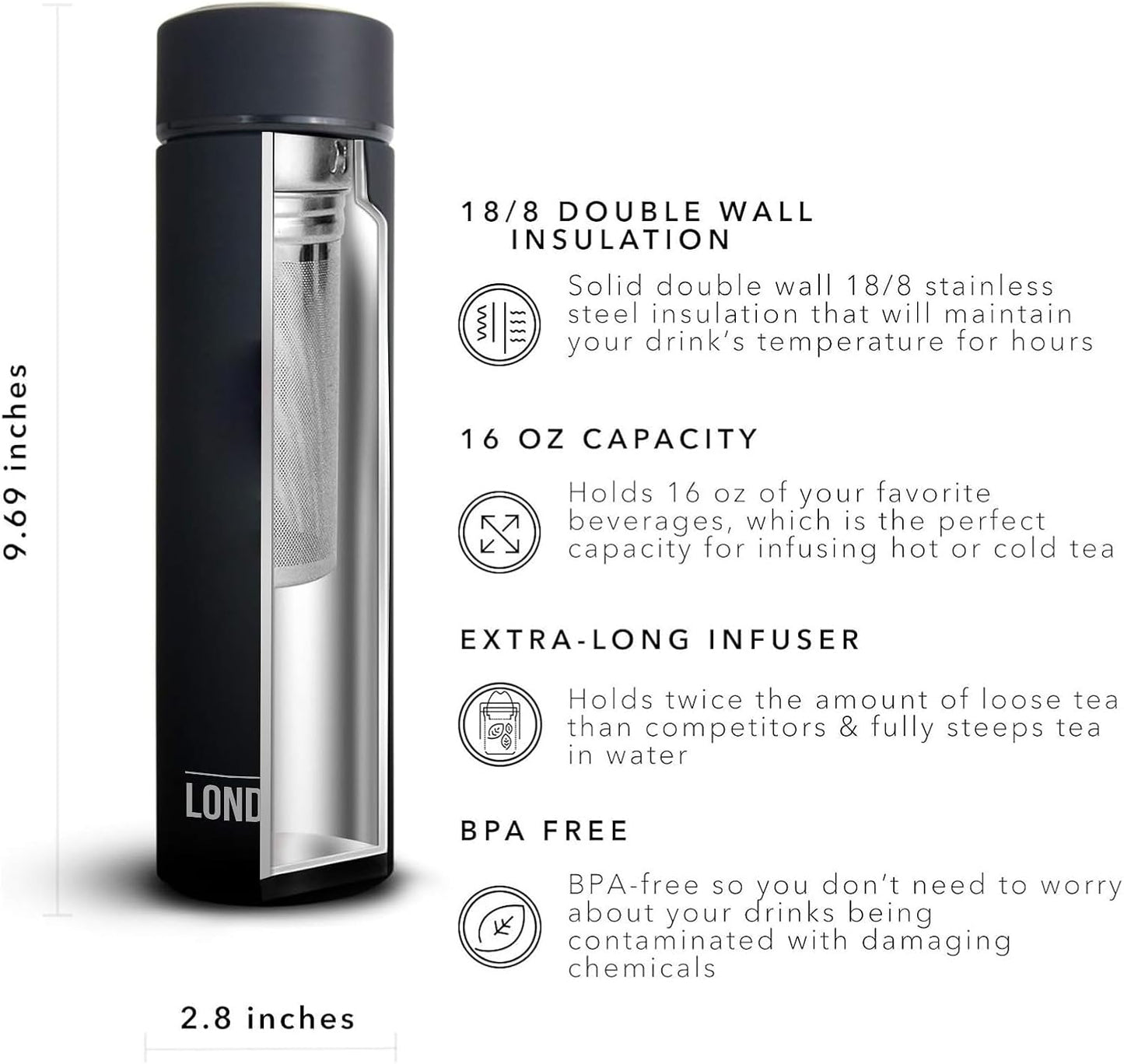 The London Sip Multi-Purpose Travel Mug and Tumbler Fruit Infused Flask Hot and Cold Double Wall Stainless Steel Thermos with Extra-Long Infuser, Purple