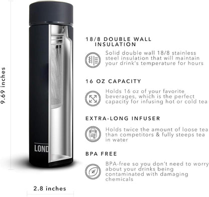 The London Sip Multi-Purpose Travel Mug and Tumbler Fruit Infused Flask Hot and Cold Double Wall Stainless Steel Thermos with Extra-Long Infuser, Purple