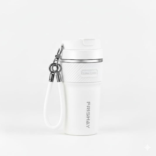 FRISHAY 16 oz Ceramic Lined Travel Mug, Vacuum Insulated Coffee Tumbler with Flip Lid & Carry Strap, SUS316 Stainless Steel Interior, Leak Resistant Coffee Cup for Office, Car, Commute & Travel-White