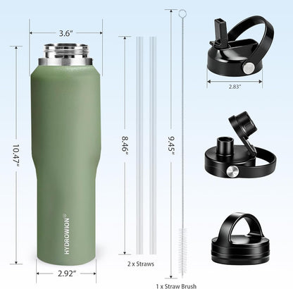 HYDROWION 32oz Stainless Steel Water Bottle(Cold for 48 Hrs, Hot for 24 Hrs),Double Wall Vacuum Insulated Water Bottle with Straw Lid, Spout Lid and Flex Cap, Fit in Any Car Cup Holder,Black