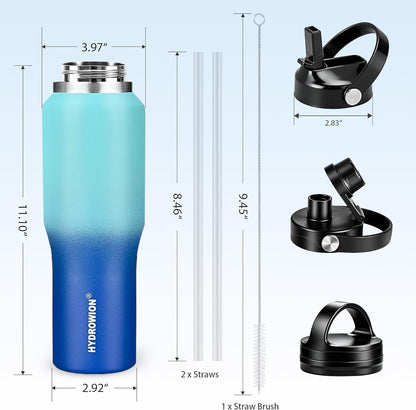 HYDROWION 32oz Stainless Steel Water Bottle(Cold for 48 Hrs, Hot for 24 Hrs),Double Wall Vacuum Insulated Water Bottle with Straw Lid, Spout Lid and Flex Cap, Fit in Any Car Cup Holder,Black