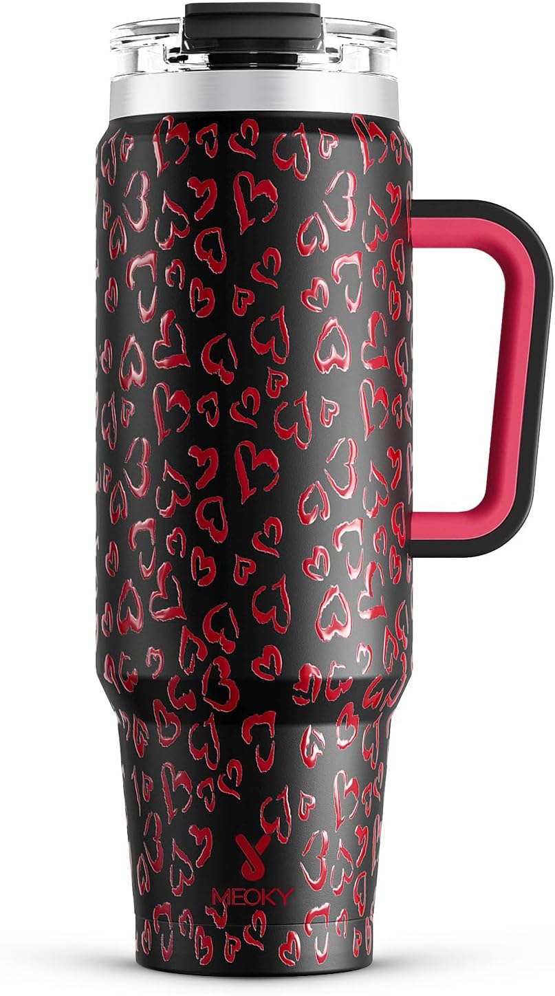Meoky 32 oz Tumbler with Handle, Insulated Tumbler with Lid and Straw, Stainless Steel Travel Mug, Keeps Cold for 24 Hours, 100% Leak Proof, Fits in Car Cup Holder (Night)