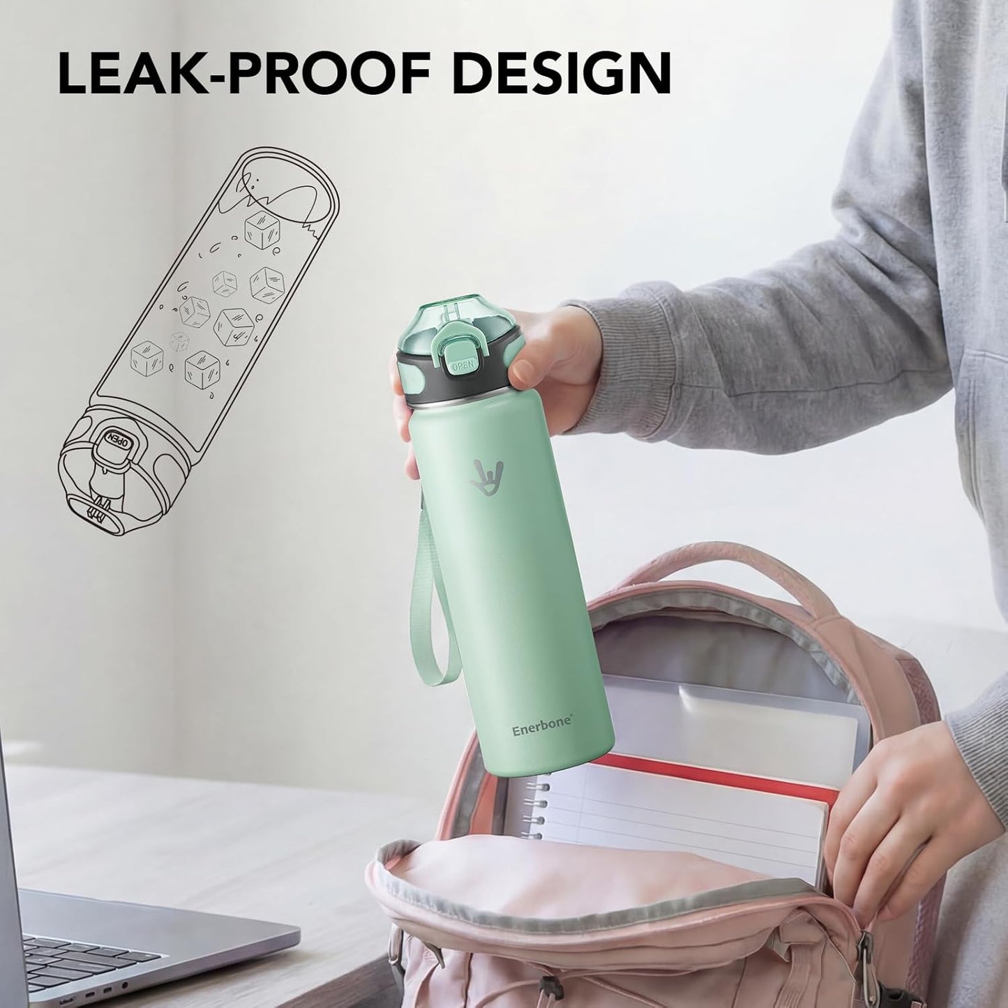 Enerbone 24 oz Insulated Water Bottle, Stainless Steel Bottle with Carrying Strap, Double-Wall Vacuum Insulation Design, Leakproof Sports Bottle with Straw, Keep Drinks Cold or Hot for Hours