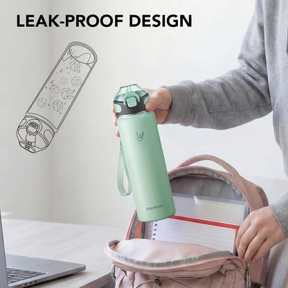 Enerbone 24 oz Insulated Water Bottle, Stainless Steel Bottle with Carrying Strap, Double-Wall Vacuum Insulation Design, Leakproof Sports Bottle with Straw, Keep Drinks Cold or Hot for Hours