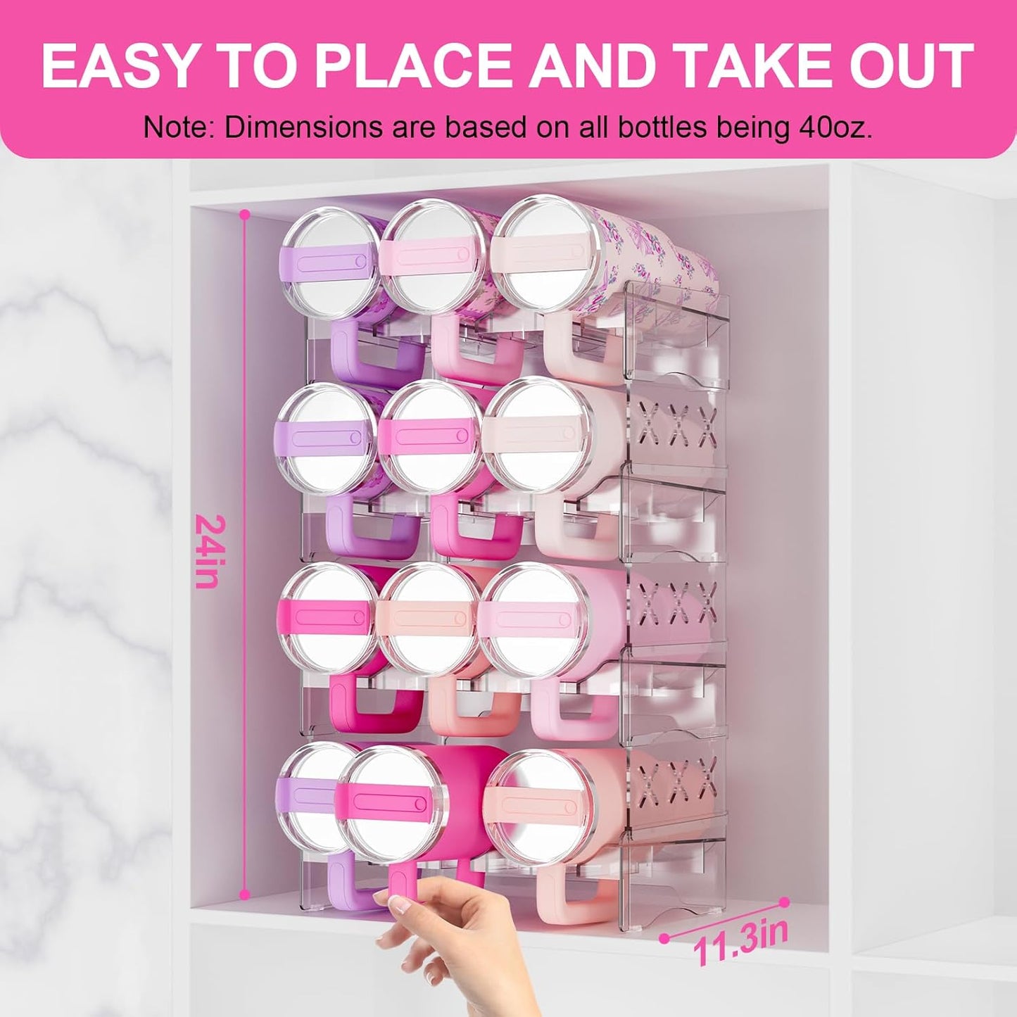 JYPS Tumbler Organizer, Acrylic Water Bottle Storage For Full Stanley 40oz Tumbler, Stackable Handle Cup Holder For Home Kitchen Pantry Countertop Cabinet, Size For Stanley/HydroJug/Owala/YETI/BrüMate