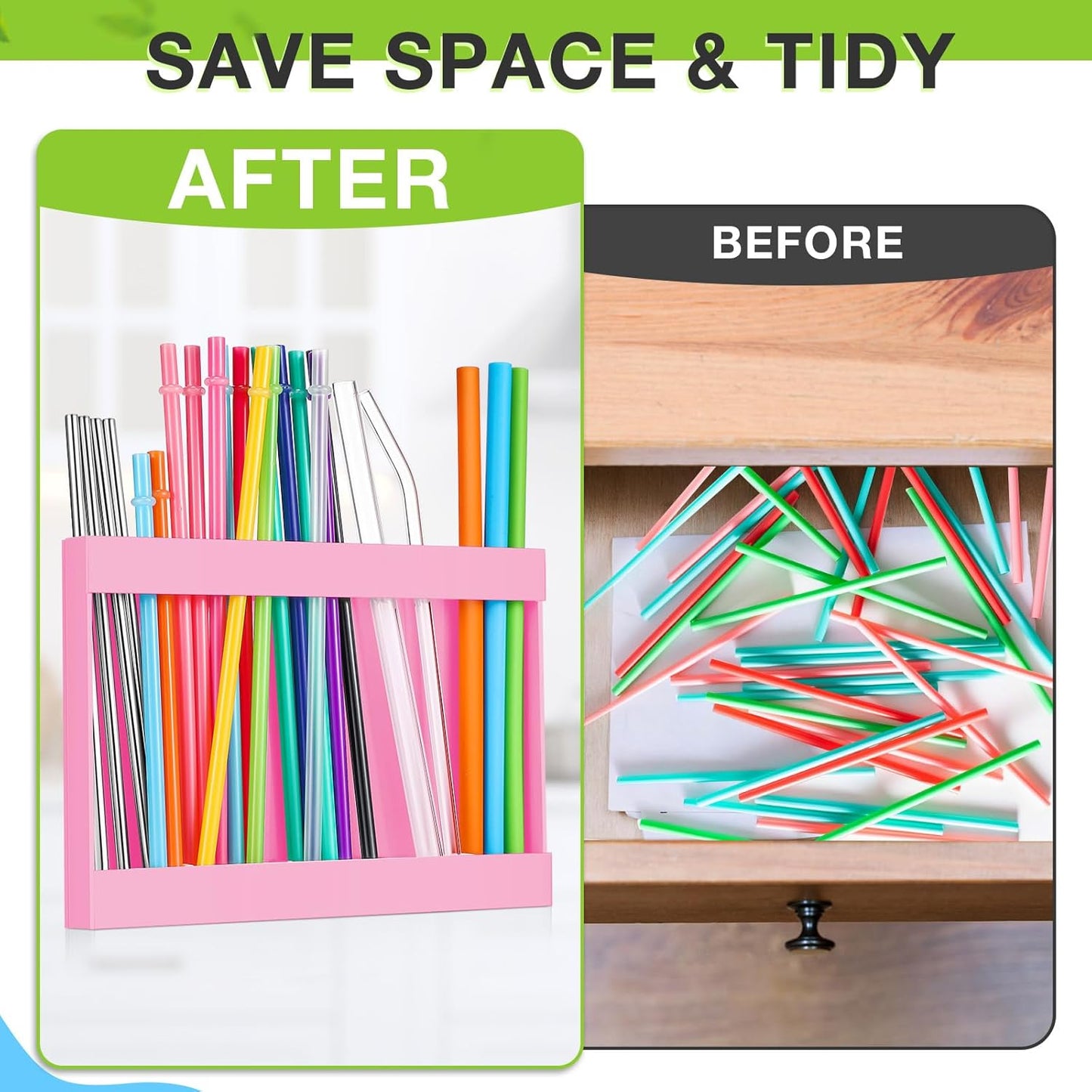 Qinyoung Acrylic Straw Holder for Cabinet Door with Double Sided Adhesive Tape Reusable Straw Organizer Tumbler Storage Kitchen Accessories Container for Counter Cupboard(Classic,Large,Transparent)