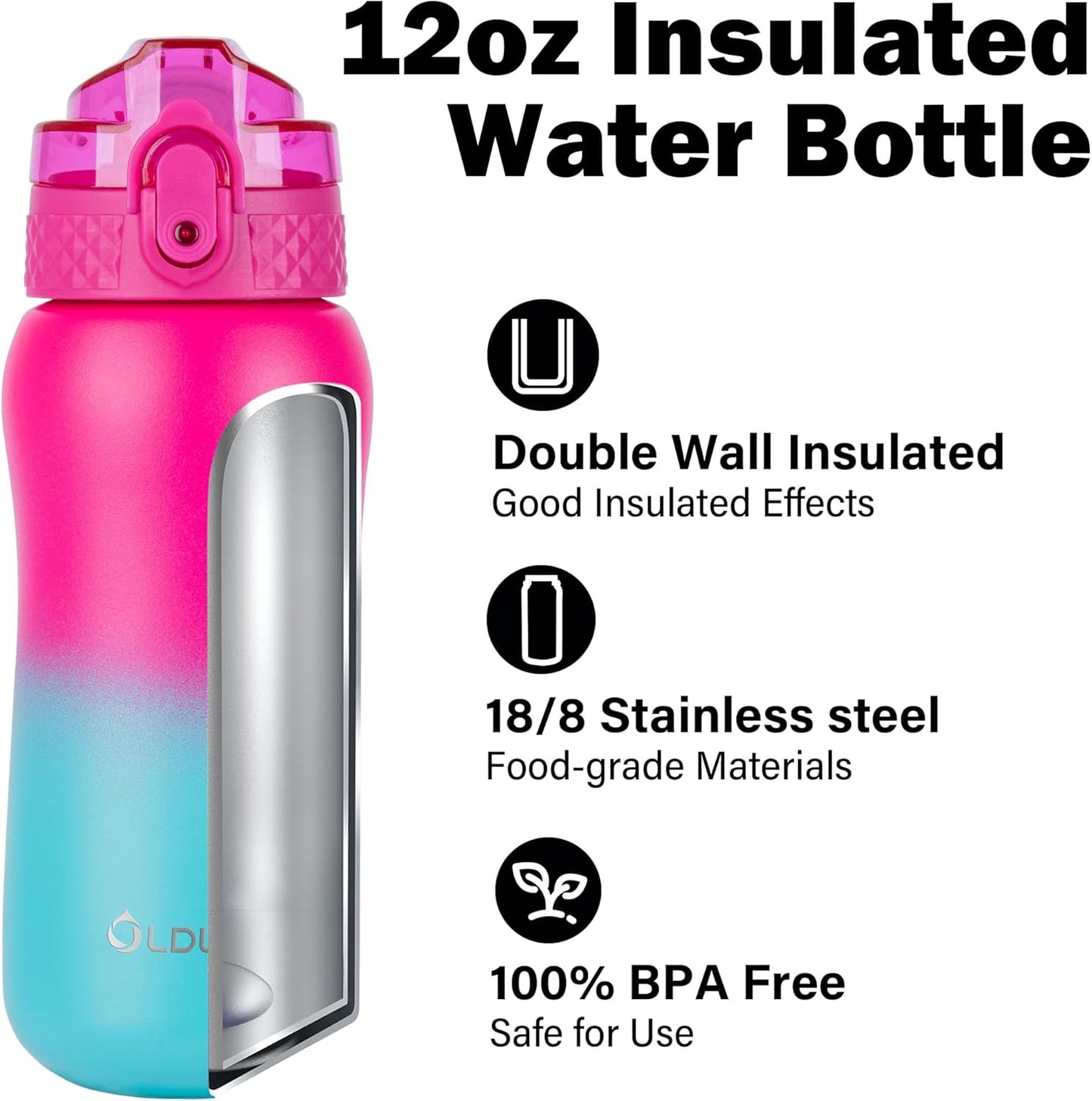 Oldley Insulated Water Bottle 20oz for Adults Kids Stainless Steel Water Bottles with Straw/Chug/Carabiner 3 Lids Fruit Strainer Double Wall Vacuum Wide Mouth BPA Free Leak-Proof for School Travel