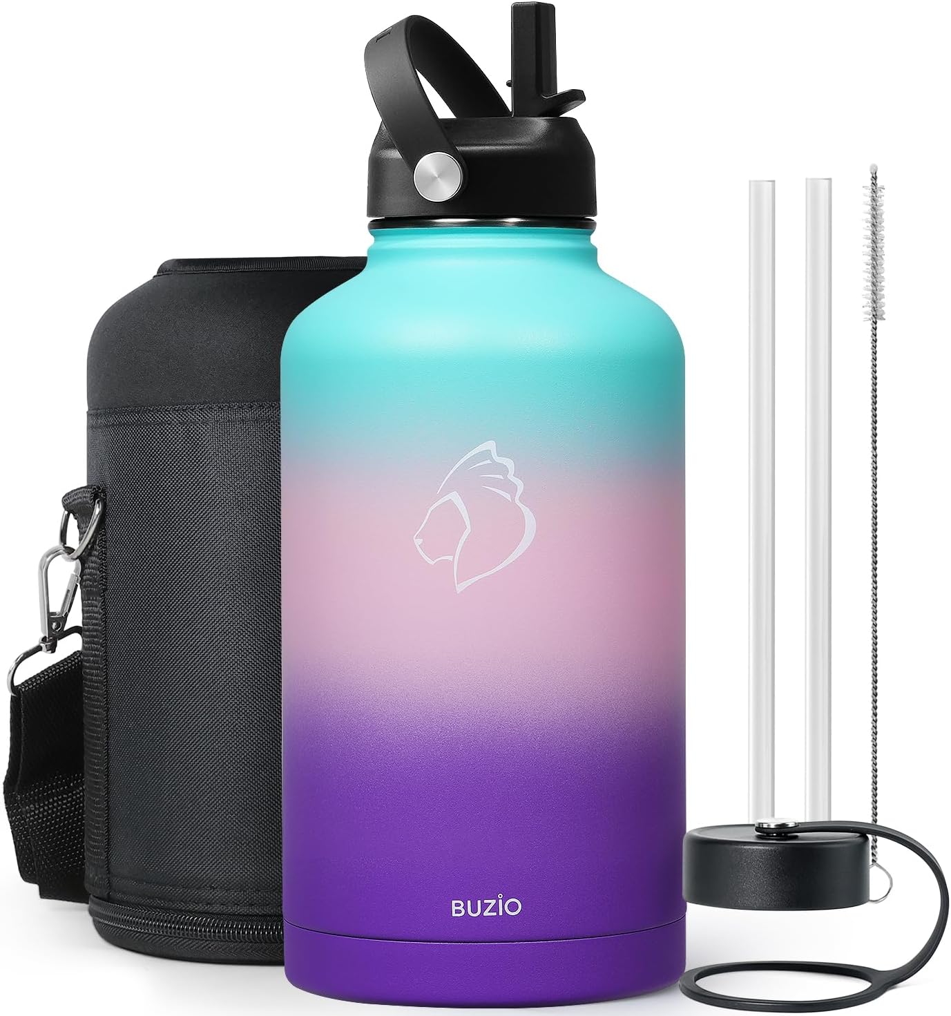 BUZIO 40oz Insulated Water Bottle, Triple Wall Vacuum Stainless Steel Water Flask with 2 lids, Lead-Free BPA-Free Straw Lid Sports Canteen Jug, Cold 48H & Hot 24H- Black - Colors B