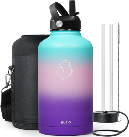 BUZIO 40oz Insulated Water Bottle, Triple Wall Vacuum Stainless Steel Water Flask with 2 lids, Lead-Free BPA-Free Straw Lid Sports Canteen Jug, Cold 48H & Hot 24H- Black - Colors B