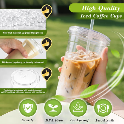 Ginkgo 32 oz Clear Plastic Cups with Lids and Jumbo Straws, Disposable To Go Iced Coffee Cups for Smoothie, Boba Milk Tea - 50 Pack