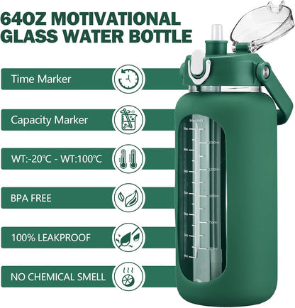 64oz Glass Water Bottles with Straw, Half Gallon Motivational Glass Bottle with Silicone Sleeve and Time Marker, 2L Leakproof Large Glass Water Jug for Gym Home Office,olive