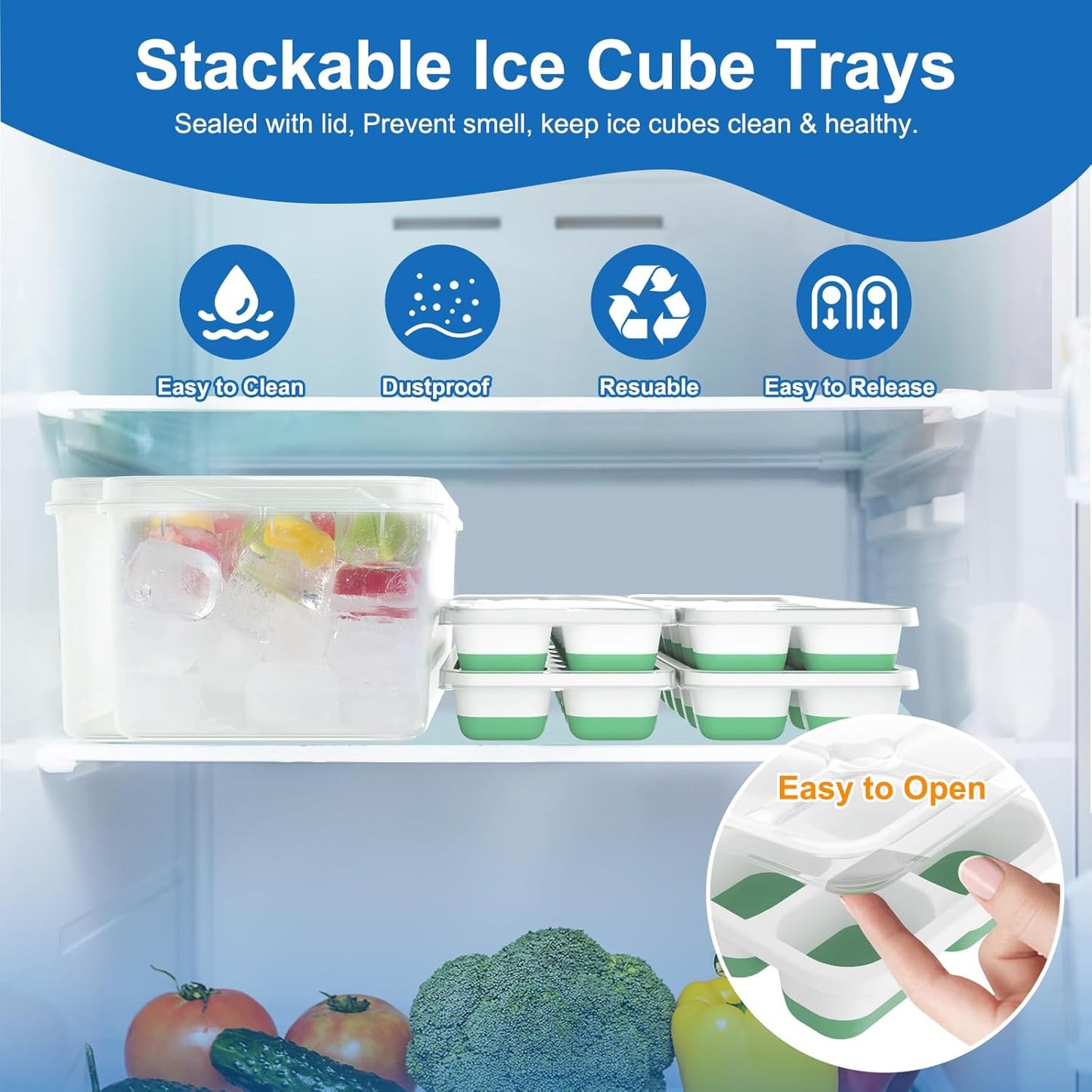 Ice Cube Tray with Lid, 3 Pack Silicone Easy-Release Ice Trays for Freezer, Stackable Ice Cube Molds for Drinks, Cocktails, Whiskey, Coffee - BPA-Free and Odor-Free,Ice Cube Trays for Freezer