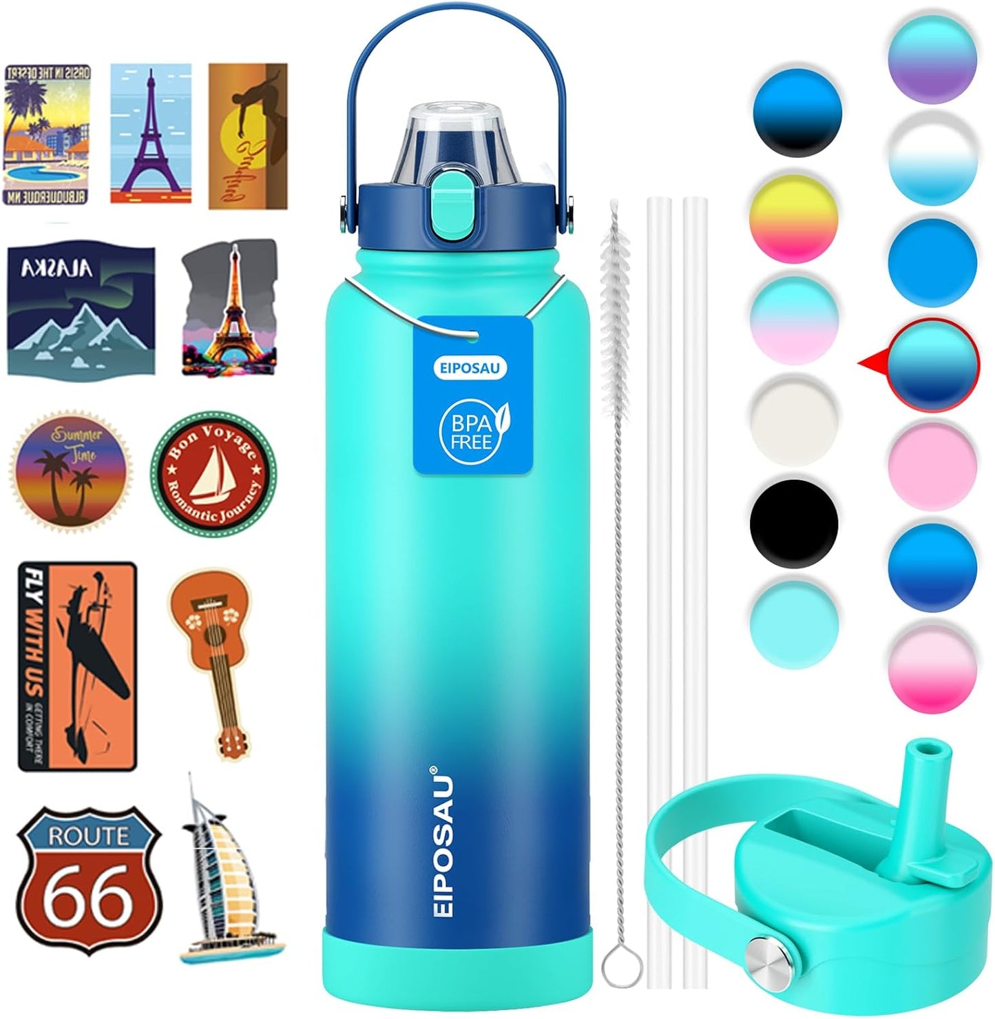 Insulated Water Bottle with Lid & Boot & Stickers, 24 oz Stainless Steel Sweat Free Bottle Keep Cold 24H, BPA-Free Sports Wide Mouth Water Bottle, BlueBlack
