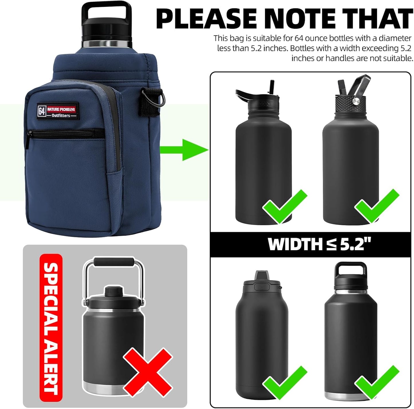 NATURE PIONEOR Water Bottle Holder with Adjustable Strap - Half/One Gallon (64/128oz) Insulated Water Bottle Sling Carrier with Phone Pocket & Paracord Handle, Outdoor Camping, Hiking, Gym