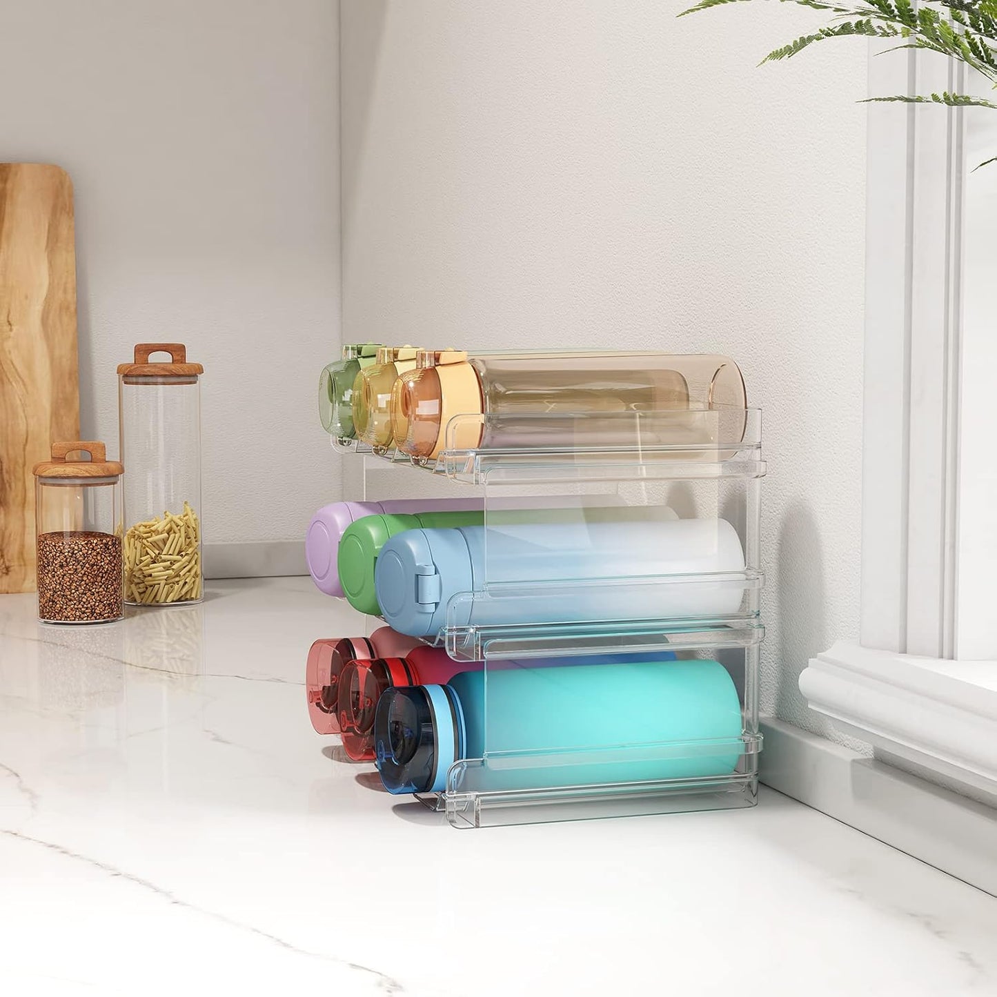 Lifewit 2 Tier Stackable Water Bottle Organizer for Cabinet, Plastic Bottle Holder Fits 6 Bottles/Tumblers up to 3.8" Diameter for Pantry/Countertop/Cupboard, 28 x 19 x 15 cm/11 x 7.5 x 5.7"