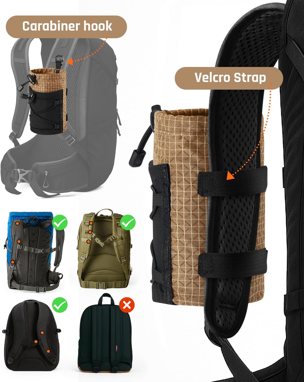 Water Bottle Holder Pouch with Hook Buckle, Backpack Water Bottle Holder Mesh Bag Carrier Fits for 8-24oz Bottles for Hiking, Running, Travel, Outdoor Backpack Accessories & Attachments